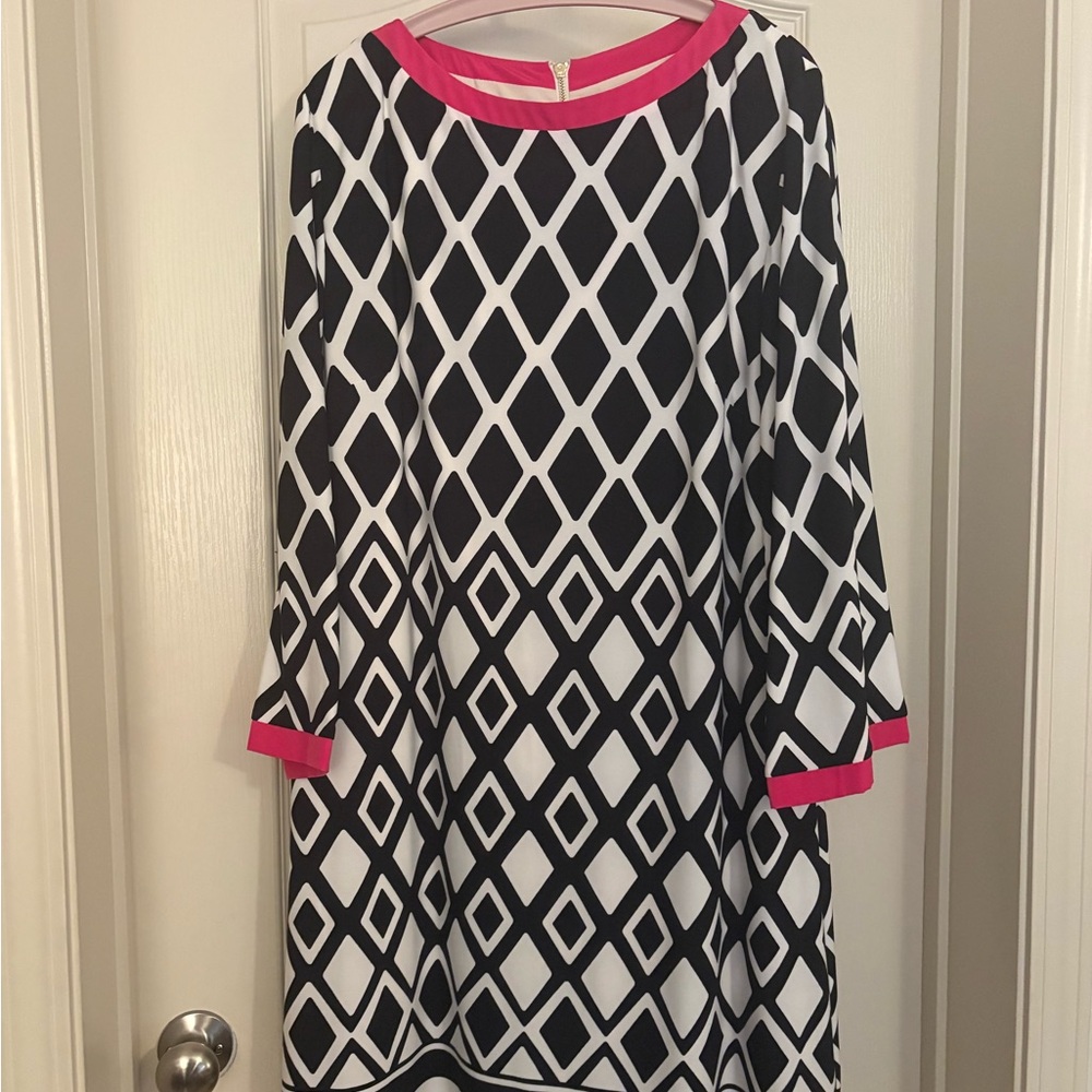 Eliza J Black & White Geometric Print Dress with Hot Pink Accents